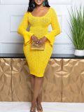Flare Sleeve Hollow Out Knits Midi Dress ZDF-31378