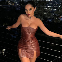 PU Leather Skinny Backless Tube Top Dress GPBY-13532