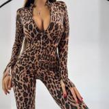 Leopard Print Long Sleeve Zipper Jumpsuit GPBY-15751