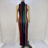 Colorful Stripe Print Sleeveless Long Dress GPBY-14525