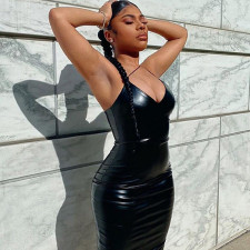 V Neck PU Leather Backless Mini Dress GPBY-1547
