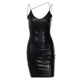 V Neck PU Leather Backless Mini Dress GPBY-1547