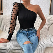 Single Shoulder Polka Dot Mesh Sleeve Tops GPBY-8095