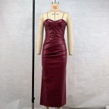 Sexy PU Leather Pleated Split Bandage Dress GPBY-DS177