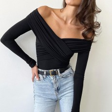 Solid Color V Neck Patchwork Bodysuit GPBY-16352