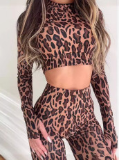 Leopard Print Crop Tops Two Piece Pants Set GPBY-15749