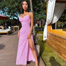 Floral Print Backless Split Halter Dress GPBY-14556