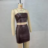 Sexy PU Leather Tube Top Two Piece Skirt Set GPBY-1532