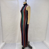 Colorful Stripe Print Sleeveless Long Dress GPBY-14525