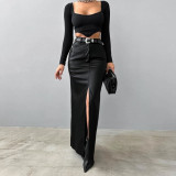 Solid Color High Waist Split PU Long Skirt GPBY-16562