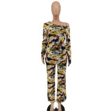 Print Single Shoulder Long Sleeve Pants Suit ZDF-31381