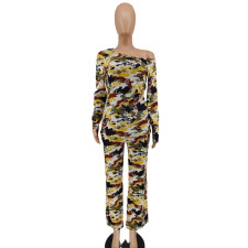 Print Single Shoulder Long Sleeve Pants Suit ZDF-31381