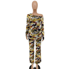 Print Single Shoulder Long Sleeve Pants Suit ZDF-31381