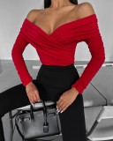 Solid Color V Neck Patchwork Bodysuit GPBY-16352