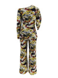 Print Single Shoulder Long Sleeve Pants Suit ZDF-31381