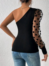 Single Shoulder Polka Dot Mesh Sleeve Tops GPBY-8095