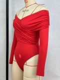 Solid Color V Neck Patchwork Bodysuit GPBY-16352