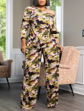 Print Single Shoulder Long Sleeve Pants Suit ZDF-31381