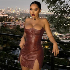 PU Leather Skinny Backless Tube Top Dress GPBY-13532