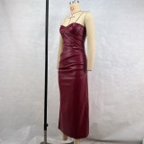 Sexy PU Leather Pleated Split Bandage Dress GPBY-DS177