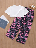 Kids Girl Print T Shirt And Camouflage Pants Suit GYMF-137