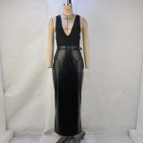 Sleeveless V Neck Patchwork PU Leather Midi Dress GPBY-15152