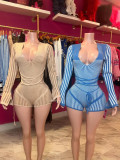Pre Order: About 7 work days shipping V Neck Stripe Knits Color Block Skinny Romper YUEM-600622