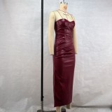 Sexy PU Leather Pleated Split Bandage Dress GPBY-DS177