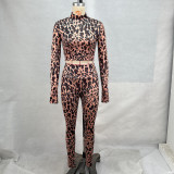Leopard Print Crop Tops Two Piece Pants Set GPBY-15749