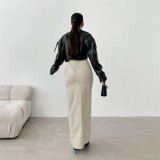 Solid Color High Waist Split PU Long Skirt GPBY-16562