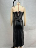 Sexy PU Leather Pleated Split Bandage Dress GPBY-DS177
