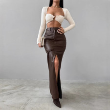 Solid Color High Waist Split PU Long Skirt GPBY-16562