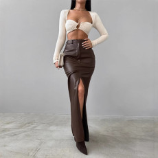 Solid Color High Waist Split PU Long Skirt GPBY-16562