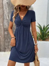 V-Neck Twisted Short Sleeve Midi Dress GYSQ-KDEE0410
