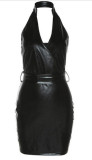 Sexy Backless V Neck PU Leather Mini Dress GPBY-13393
