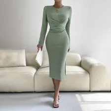 Long Sleeve Slim Solid Color Midi Dress GYSQ-QDCH1610