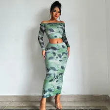 One Shoulder Print Long Sleeve Two Piece Skirts Set GPBY-14536