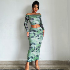 One Shoulder Print Long Sleeve Two Piece Skirts Set GPBY-14536