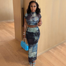 Print Short T Shirt And Half Body Skirt Suit GPBY-14538