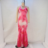 Print Halterneck Tie Up Fishtail Dress GPBY-15432