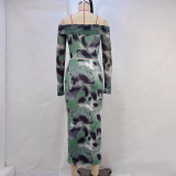 One Shoulder Print Long Sleeve Two Piece Skirts Set GPBY-14536