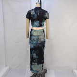 Print Short T Shirt And Half Body Skirt Suit GPBY-14538