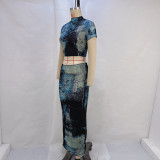 Print Short T Shirt And Half Body Skirt Suit GPBY-14538