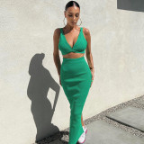 Deep V Neck Vest And Half Body Skirt Two Piece Set GPBY-13331