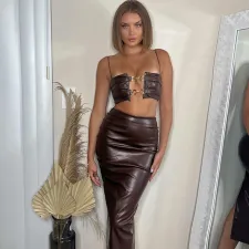 PU Leather Sling Vest And S[lit Long Skirts Suit GPBY-14612