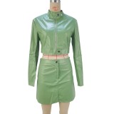 Long Sleeve Zipper Coat  Skirt PU Leather Suit GPBY-13515