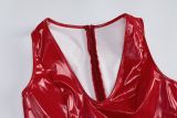 V Neck Back Zipper PU Leather Bodysuit GPBY-1486