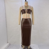 PU Leather Sling Vest And S[lit Long Skirts Suit GPBY-14612