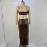 PU Leather Sling Vest And S[lit Long Skirts Suit GPBY-14612