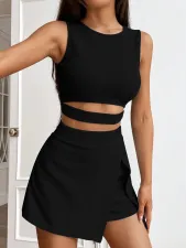 Solid Color Sleeveless Knits Vest Culottes Suit GYSQ-CUDF0720